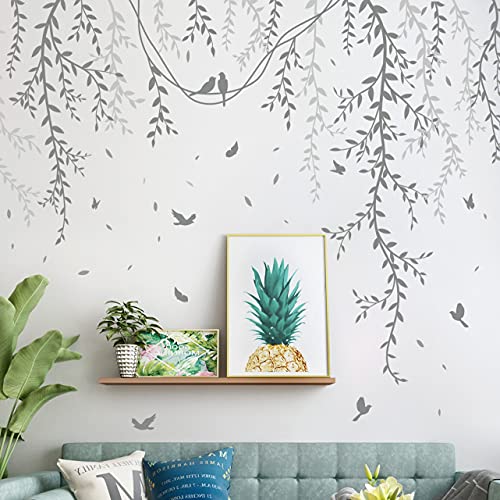 3D Removable Grey Vines Wall Stickers - Peel & Stick DIY Wall Decals with Flying Birds, Waterproof PVC Wall Decor for Kids Room, Bedroom, Living Room, Office (30x45cm x6, 89x164cm Coverage)