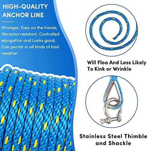 VEITHI 50 ft Blue/Yellow 3/8 Inch Marine Anchor Rope Solid Braid MFP with Thimble & Shackle