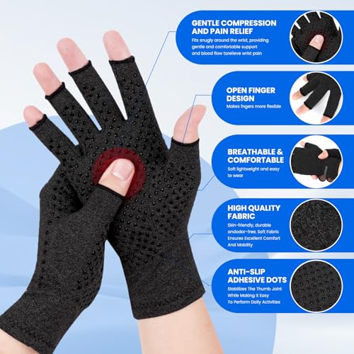 Compression Gloves for Arthritis Relief - Fingerless, Medium, Black