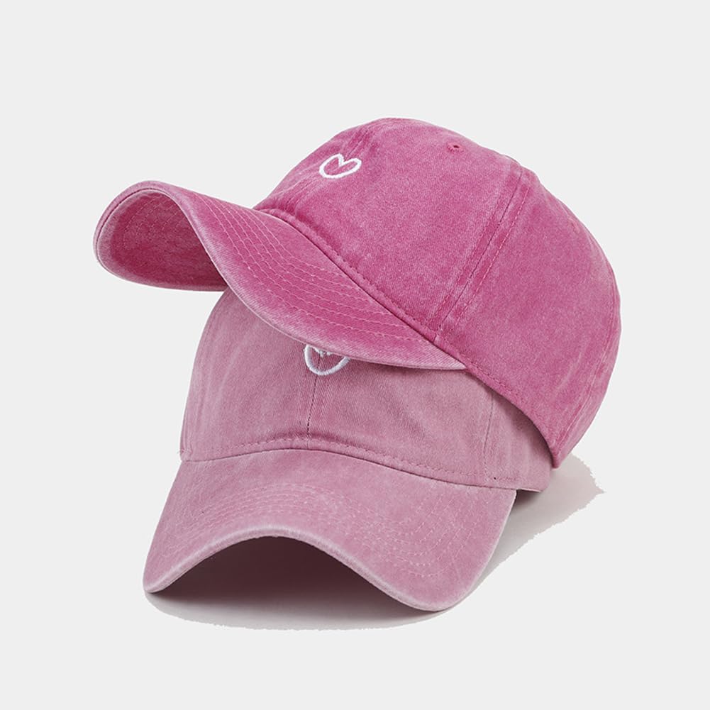 Agturber Cute Heart Hats for Women Vintage Washed Cotton Embroidered Baseball Cap Adjustable Low Profile Dad Hat Pink