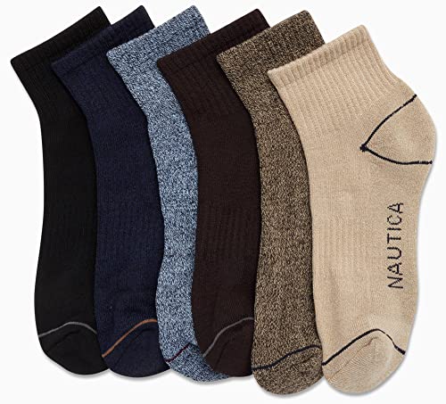 Nautica Men's Cushioned Moisture-Wicking Athletic Quarter Socks 6 Pack, Brown/Navy/Black 6-12.5