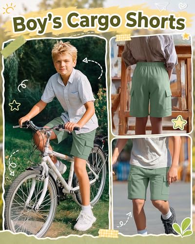 Boys Cargo Shorts - Comfortable Polyester Spandex - 10-11 Years Gray Green