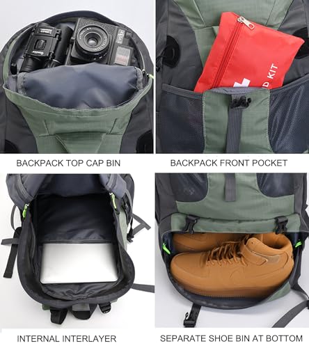 Bseash 50L Hiking Backpack with Shoe Compartment - Water-Resistant Lightweight Outdoor Daypack, Army Green