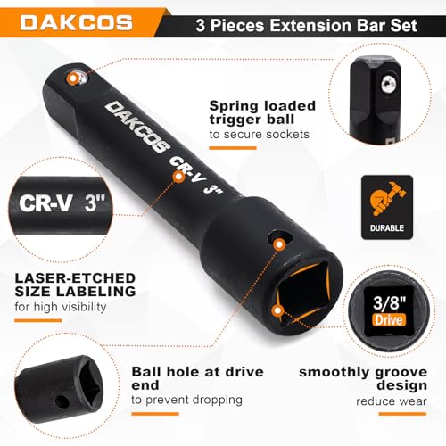 3 Pieces 3/8-Inch Drive Impact Extension Bar Set Includes 3 6 10 Inch Socket Extensions, Premium Chrome Vanadium Steel with Black Phosphate Finish