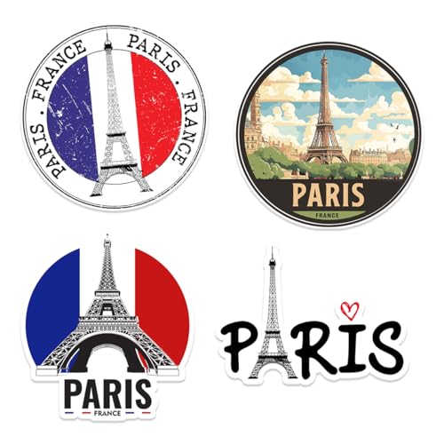 Eiffel Tower Paris Theme Vinyl Sticker Pack 4Pcs Decorative Travel Scrapbook Laptop Luggage Waterproof Decals France Aesthetic Stickers Car Bike Bedroom Bumper
