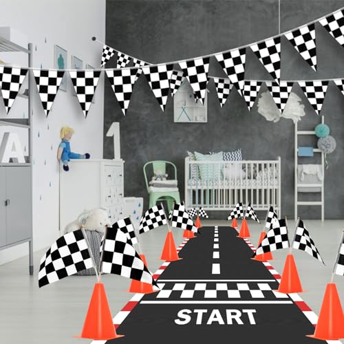 38-Piece Racing Cones and Flags Set - Mini Traffic Cones, Checkered Flags, Racetrack Mat