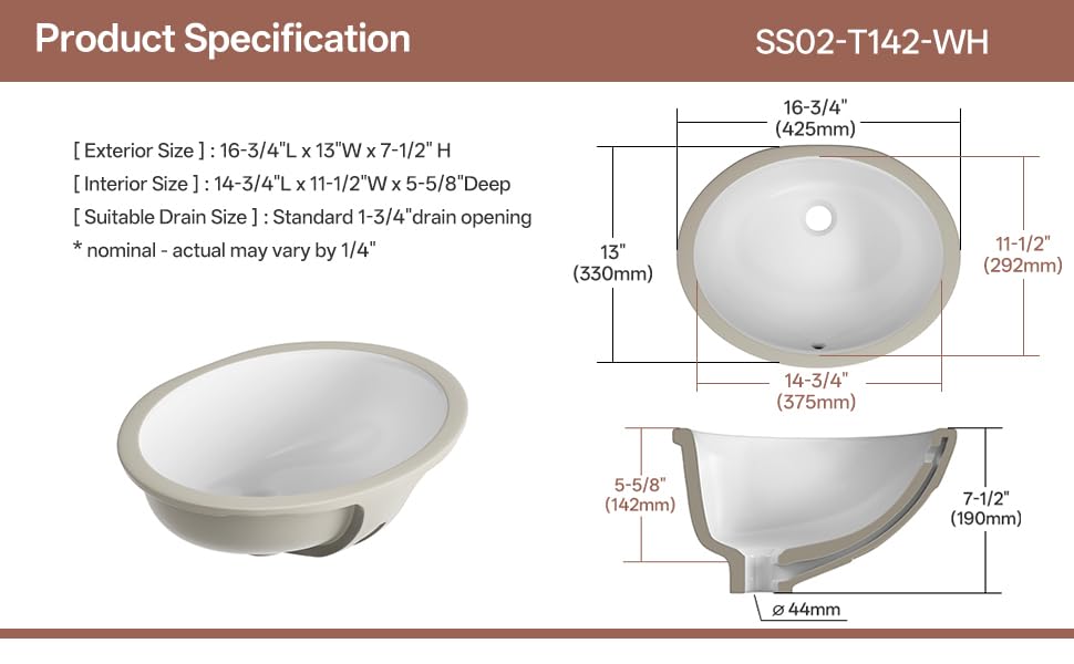 SmartSylva Undermount Bathroom Sink Oval, 14.75” x 11.5” (Interior Size) Oval Porcelain Ceramic Undermount Bathroom Vanity Vessel Sink with Overflow, White