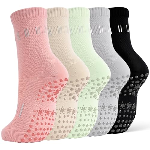 Non-Slip Pilates Socks for Women - 5 Pairs, Size 5.5-10 - Apricot, Light Green, Pink, Light Gray, Black