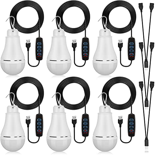 6 Pcs USB Light String LED Portable Light Bulb Rechargeable USB Strip Camping Lantern with Splitter Cable for Camping Porch Backyard Garage Warehouse Truck Fishing Boat