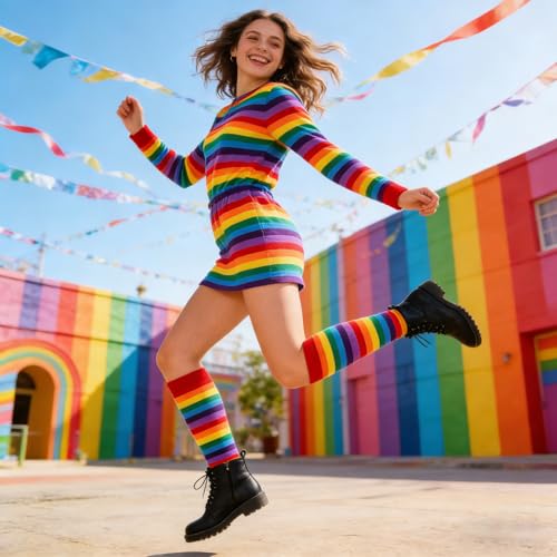Striped Knee High Compression Socks - Breathable Long Tube - Rainbow