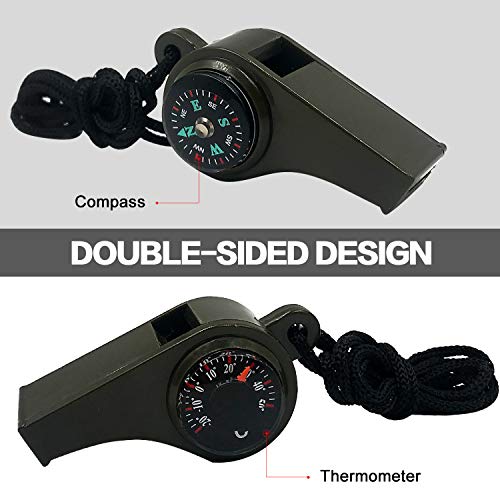 3-in-1 Emergency Survival Whistle with Compass and Thermometer - Green (2 Pack)