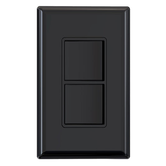 ELEGRP Decorator Double Rocker Light Switch, Two Single Pole Electrical Paddle, 15A 120V, In-Wall On/Off, Self-grounding, With Screwless Wall Plate, UL Listed (1 Pack, Glossy Black)