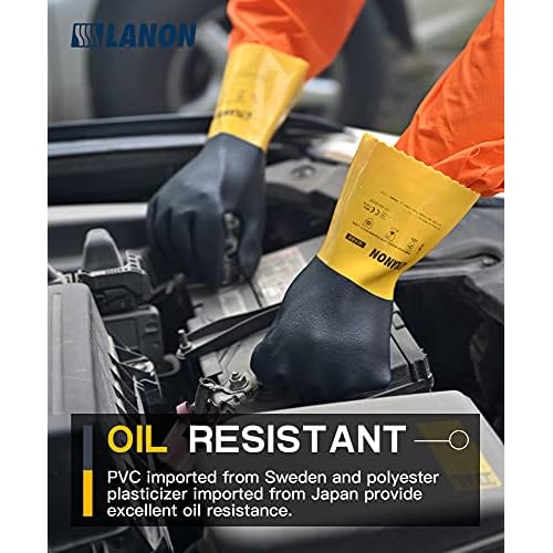 LANON 3 Pairs PVC Chemical Gloves, Thick Rubber Work Gloves, Heavy-Duty, EN 374/388, Acid, Alkali and Oil, Non-Slip, Large