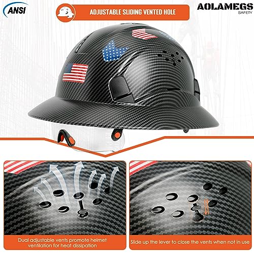 Carbon Fiber Pattern Full Brim Hard Hat with Visor-OSHA Approved Construction Safety Helmet for Men Women,ANSI Z89.1 Vented Reflective Hardhat with Hard Hat Chin Strap,6-Point Suspension