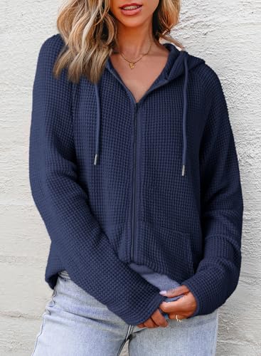 Dokotoo Women's Navy Blue Waffle Knit Full Zip Hoodie - Large
