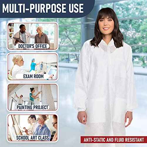 Pack of 10 Disposable Lab Coats - White - With 3 Pockets and Soft Knit Cuffs & Collar | SMS Unisex Knee Length Medical Lab Jacket, For Hospitals, Pharmacies, Labs, Dental Clinics, Painting - Medium