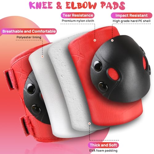 Kids Protective Gear Set - Knee Pads, Elbow Pads & Wrist Guards - Red, Small