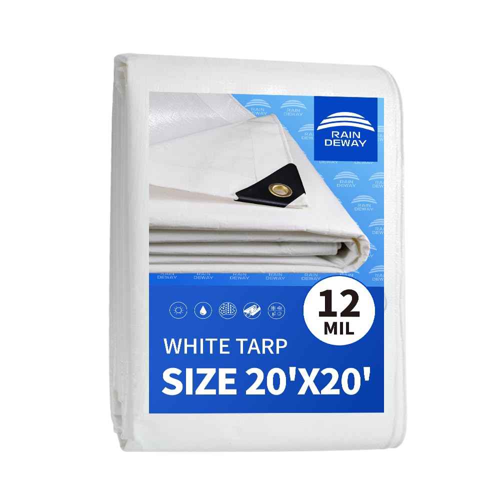 RAINDEWAY 12 Mil Heavy Duty White Tarp 20x20 Feet, UV Resistant, Waterproof, Weatherproof Poly Tarp with Metal Grommets and Reinforced Edges