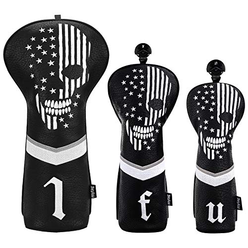 Caiobob Skull Golf Head Covers Set for Drivers - Black Synthetic Leather Skeleton Design