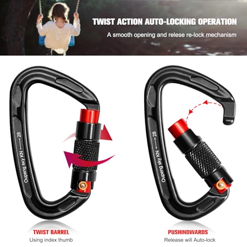 Heavy Duty Auto Locking Carabiner Clips - 28KN - Black & Red