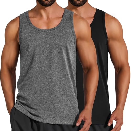 COOFANDY Men's Cotton Tank Tops 2 Pack Summer Sleeveless Muscle Gym Shirts for Workout & Beach - Large Black & Grey