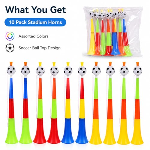 10 Pack Soccer Stadium Horns - Colorful Plastic Noisemakers