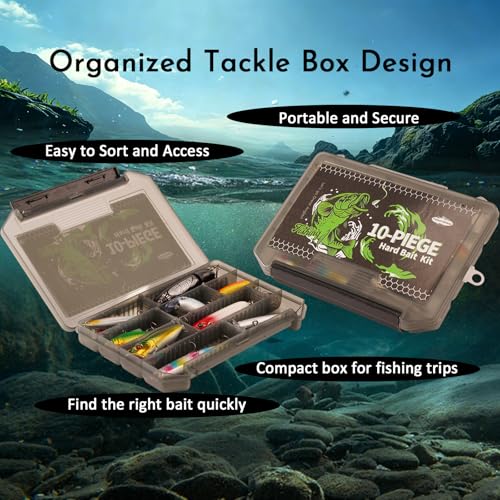 FONMANG 10pcs Hard Bait Fishing Kit with Tackle Box - Lures for Bass Walleye Trout