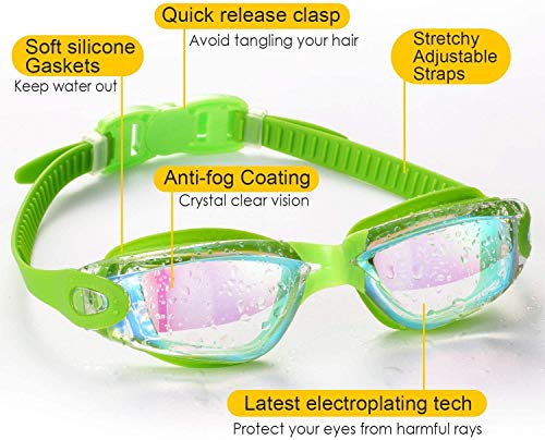 Swim Goggles - 2 Pack Mirrored Swimming Goggles - Green/Rose Red