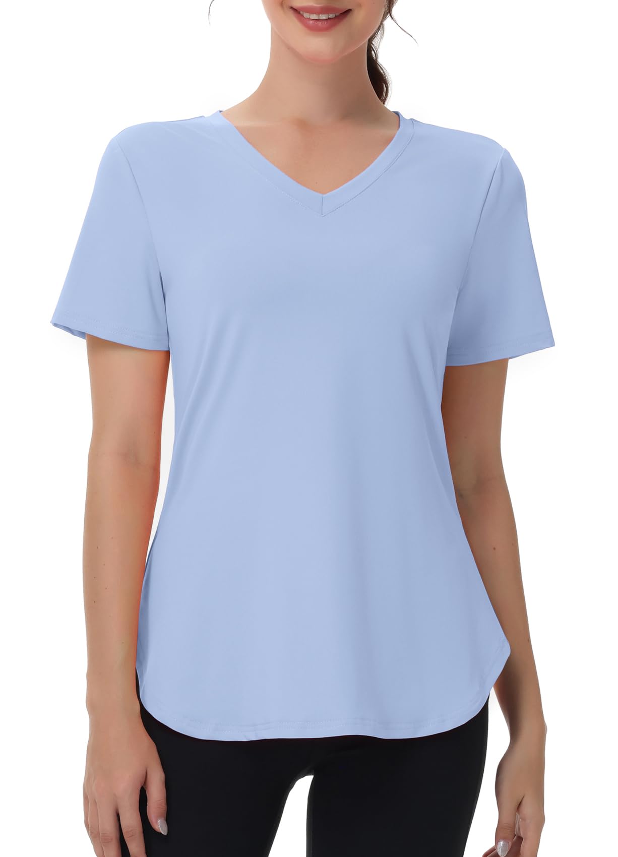 Kaleforneo Workout Tops for Women Short Sleeve T Shirts Moisture Wicking Yoga Gym Running Hiking V Neck Athletic Tee Blue L