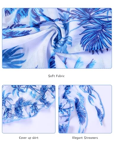 Girls One-Piece Swimsuit with Tropical Print & Cover Up Skirt - Blue1, 6-7 Years