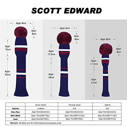 Hybrid Golf Club Cover with Pom Pom & Rotating Tags - Deep Blue, Red, White