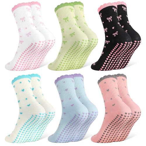 Non-Slip Pilates Socks with Grips for Women - Ruffle Bow Heart