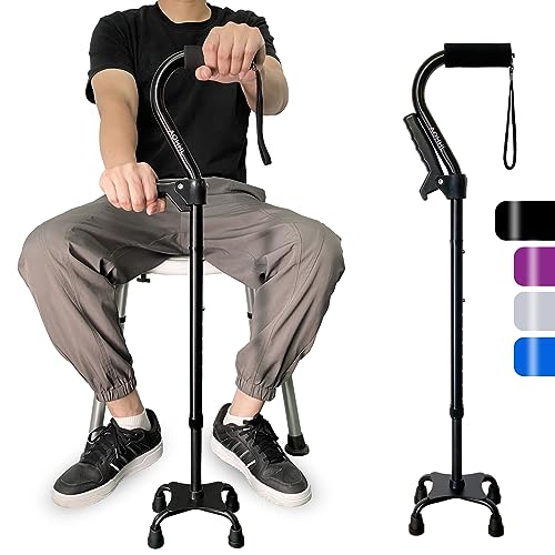 AOHHL Black Foldable Quad Walking Cane with Adjustable Height & Soft Handle – Lightweight, Sturdy, Self-Standing Support for Seniors & Adults - Model: black1