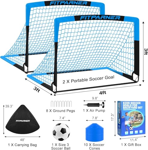 Kids Soccer Goals Set - 2 Portable Pop Up Nets with Ball & Cones - Blue Black, 4x3FT