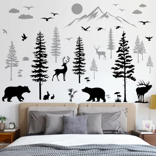 5 Sheets of 12x36inch Large Black and Grey Pine Tree Wall Sticker Peel and Stick Mountain Forest Tree Wall Decal Woodland Deer Bear Birds Wall Decor for Nursery Bedroom Living Room Decoration