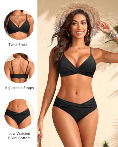Aqua Eve Black Medium Twist Front Bikini Set - Mid Rise Two-Piece Swimsuit