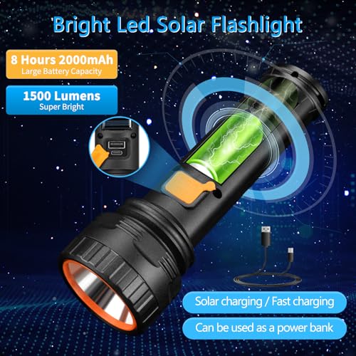 KERNOWO Solar Flashlights, 1500 Lumens Led Solar Powered Flashlight with Digital Display 2000mAh Battery Rechargeable Handheld IP65 Waterproof Flashlights for Survival Emergencies, 4 Pack