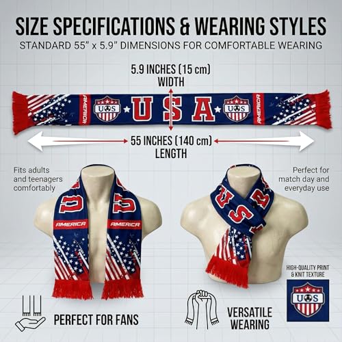 Team USA Soccer Scarf - Double Sided Polyester - 55in x 6in - Red White Blue Fan Scarf for Matches & Parties
