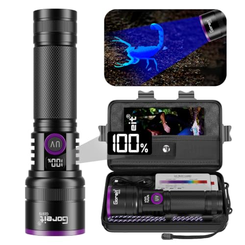 Goreit 365nm Black Light UV Flashlight Rechargeable with Filter Lens & LCD - Black