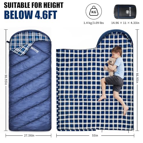 Blue Kids Sleeping Bag for Cold Weather - Lightweight Waterproof Flannel Camping Bag for Youth 10-12 Years