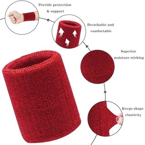 4 Inch Wrist Sweatbands - 6 Pack Red Absorbent Fitness Bands