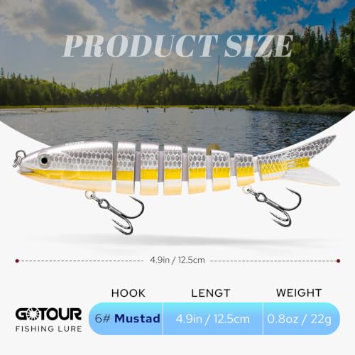GOTOUR 5" 0.9oz Jointed Swimbait - 8-Segment Lure for Bass Trout Crappie, A1-5"-0.9oz