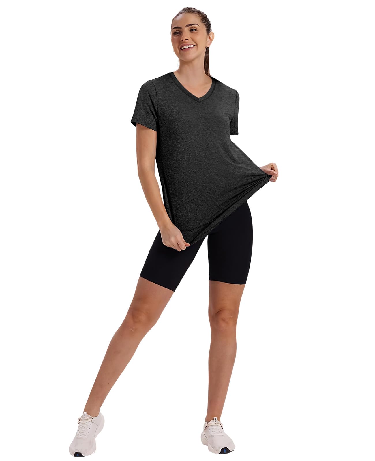 Workout Tops for Women Spring Summer Short Sleeve Golf Outfits Gym Essentials Activewear Running Shirts V Neck Black S