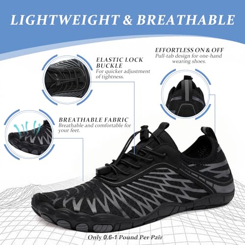 Jmzb Unisex Barefoot Water Shoes for Women & Men - Black Wide Toe Size 8 Women / 6.5 Men, Non-Slip Trail Sneakers