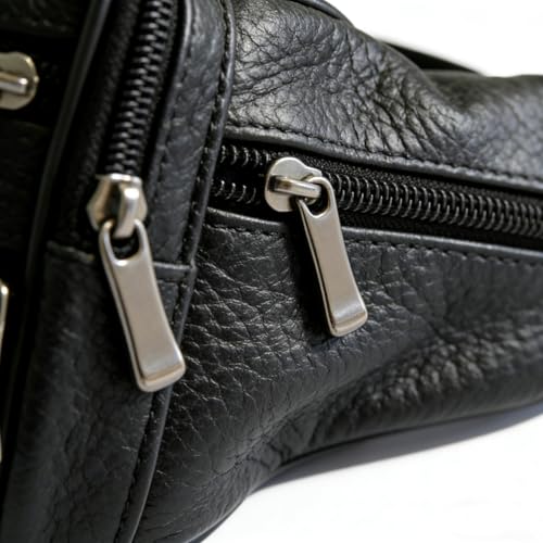 Black Genuine Cowhide Leather Fanny Pack with 7 Pockets & Adjustable Waist Strap