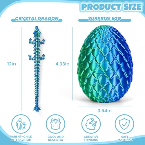 3D Printed Dragon Egg with Articulated Crystal Dragon - Laser Cyan