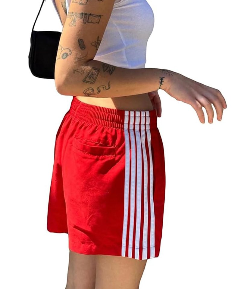 ABINGOO Women Athletic Sweat Shorts Side-Striped Y2k Summer Elastic Waist Workout Loose Wide Leg Lounge Shorts with Pockets(Red,M)
