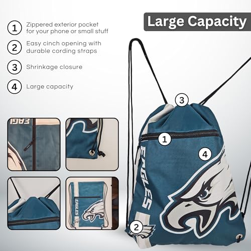 Philadelphia Eagles Drawstring Backpack with Zippered Pocket - 18x14 inches