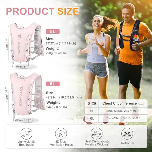Lightweight Hydration Backpack Running Vest - Pink, 5L with 1.5L Water Bag