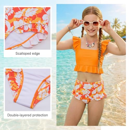 XiaoMoSha Girls 2-Piece Ruffled Bikini Set with Adjustable Straps - Toddler Beach Swimwear 6-7 Years, Orangeflowers